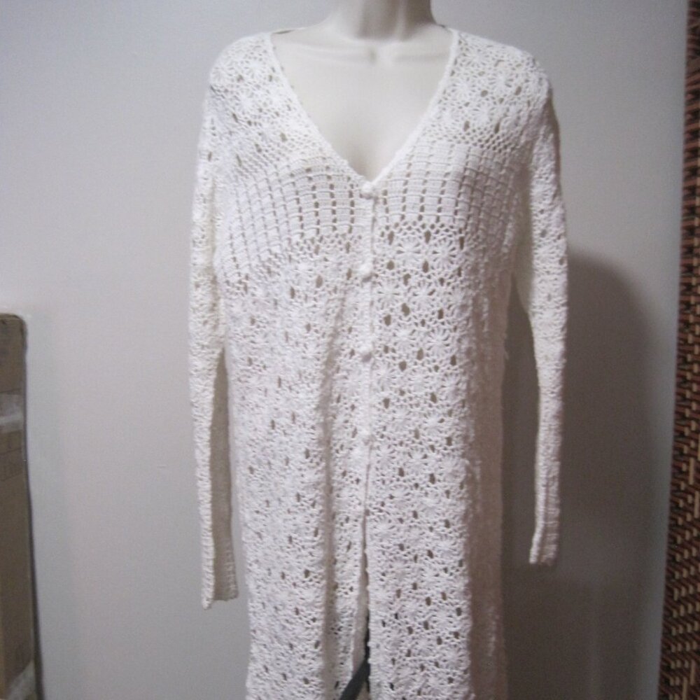 Studio JPR Women Large White Long Sleeve Open-Weave Crochet Duster Sweater Dress